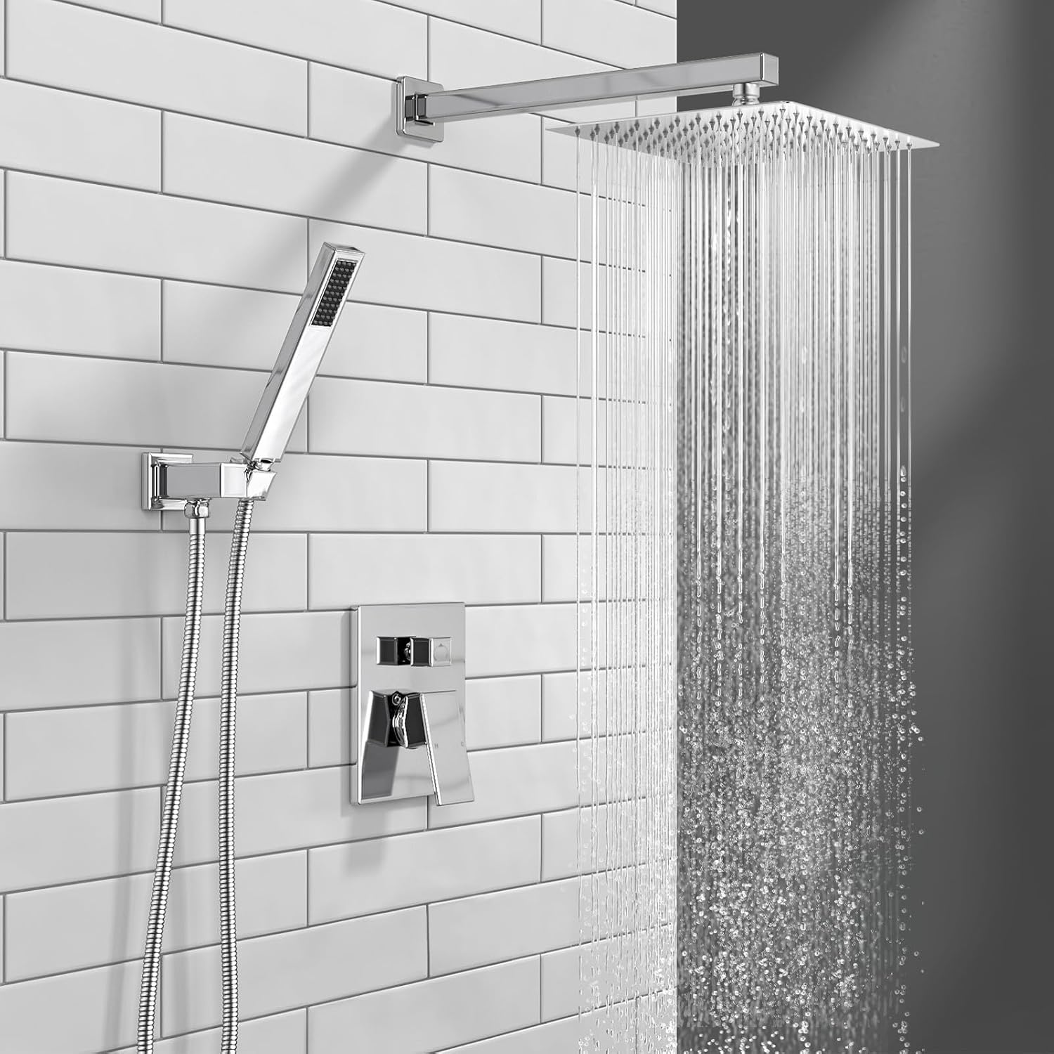 Lava Odoro Modern 2-Setting Square Shower System with Rain Shower Head and Handheld Spray Chrome, Rainfall Shower Faucet Set Chrome, Shower Valve and Trim Kit, Polished Chrome SF103-C
