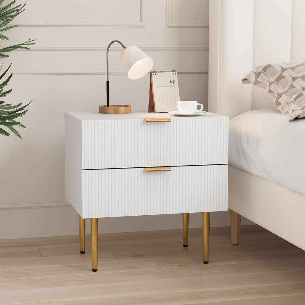 Smart FENDEE Set of 2 Nightstand, White Mid Century Modern Night Stand with Fluted Panel, Bedside Table with 2 Drawer, Large NightStand with Gold Leg for Bedroom