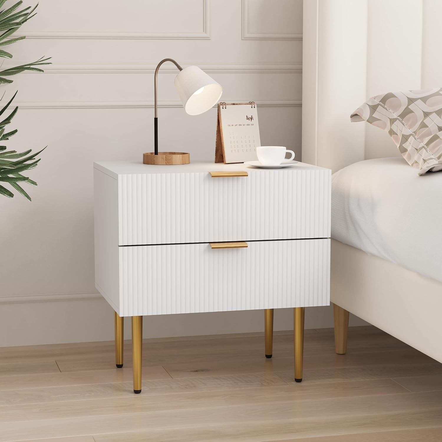 Smart FENDEE Set of 2 Nightstand, White Mid Century Modern Night Stand with Fluted Panel, Bedside Table with 2 Drawer, Large NightStand with Gold Leg for Bedroom