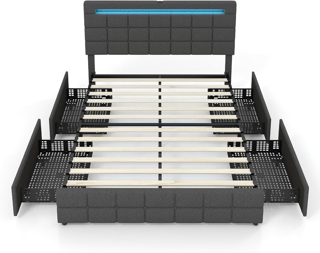 Giantex Full Bed Frame with LED Lights and 4 Drawers, Upholstered Platform Bed Frame with USB Ports, Tufted Adjustable Headboard Design, Solid Wooden Slat Support, No Box Spring Needed, Grey