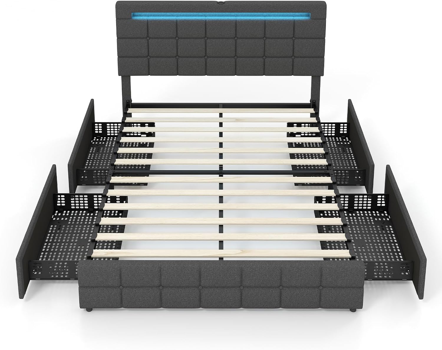Giantex Full Bed Frame with LED Lights and 4 Drawers, Upholstered Platform Bed Frame with USB Ports, Tufted Adjustable Headboard Design, Solid Wooden Slat Support, No Box Spring Needed, Grey