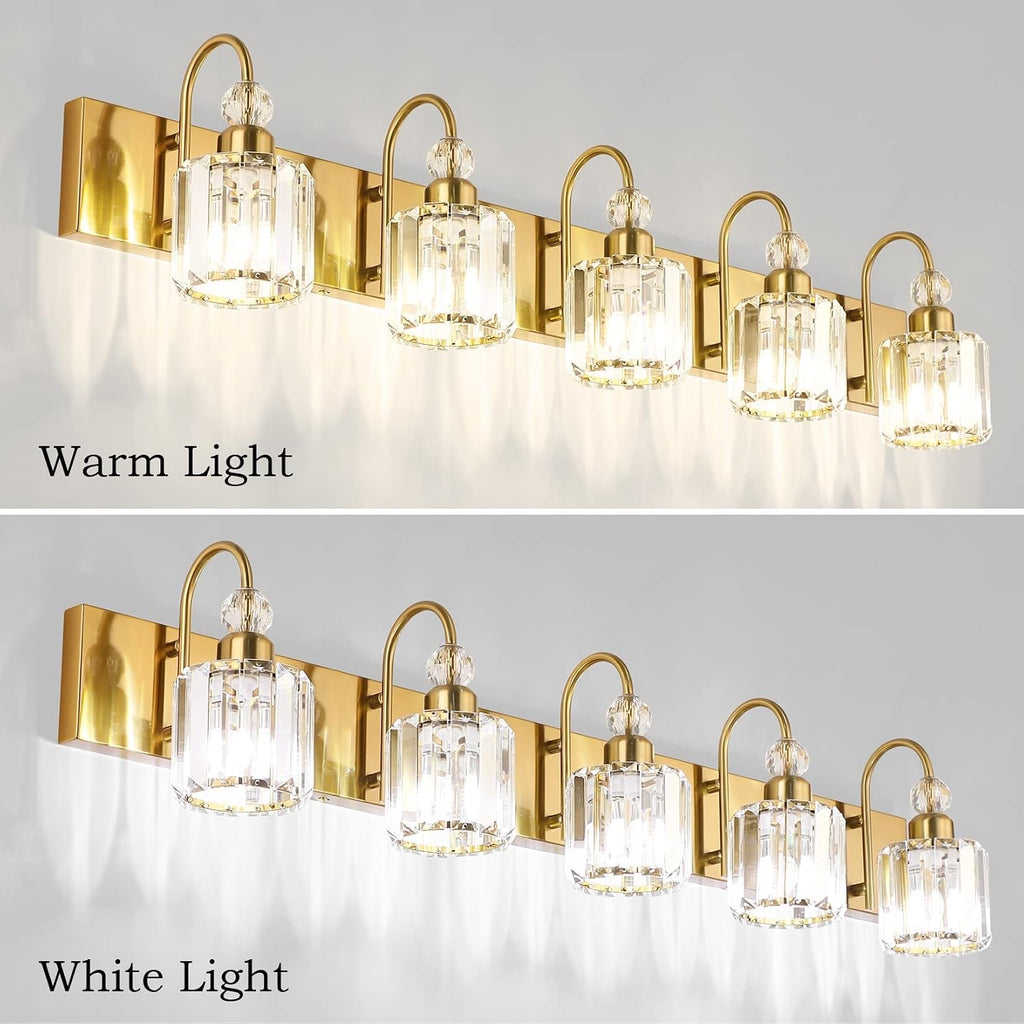 Ralbay Crystal Vanity Lights 5-Lights Brass Gold Over Mirror Modern Bathroom Wall Lighting Fixtures