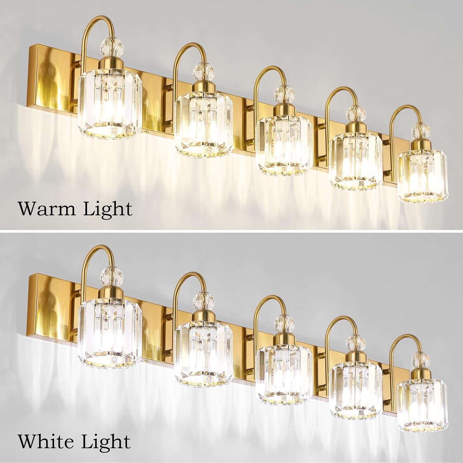 Ralbay Crystal Vanity Lights 5-Lights Brass Gold Over Mirror Modern Bathroom Wall Lighting Fixtures