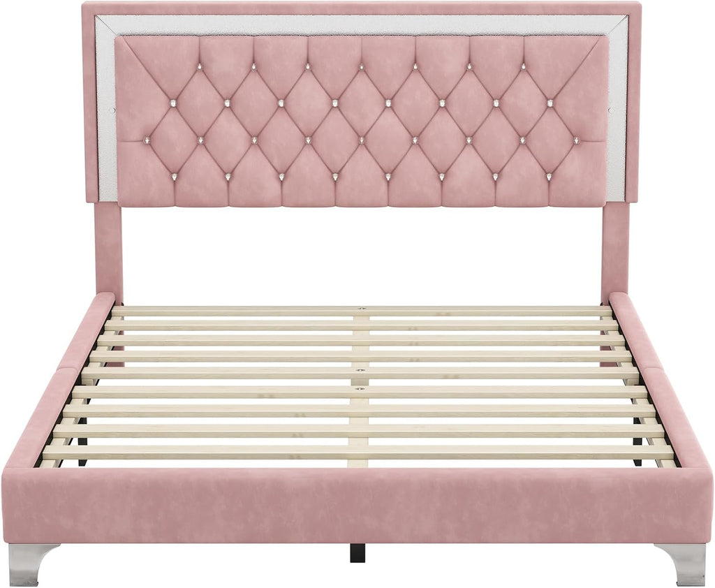Flieks Bedroom Sets, 3-Pieces Bedroom Sets, Queen Size Upholstered Platform Bed with LED Lights and 2 Nightstands, Pink