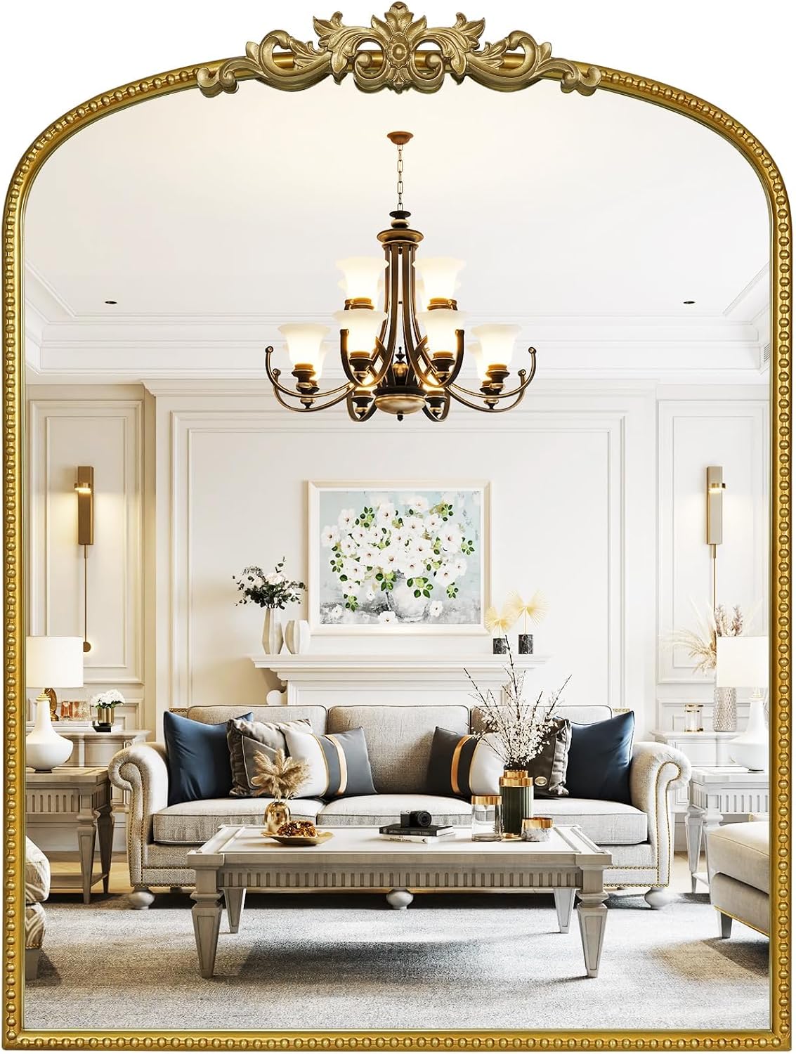 WallBeyond Gold Vintage Mirror for Vanity 24x32 Inch, Gold Antique Mirror with Ornate Frame, Arched Vintage Wall for Bathroom, Living Room, Fireplace, Entryway