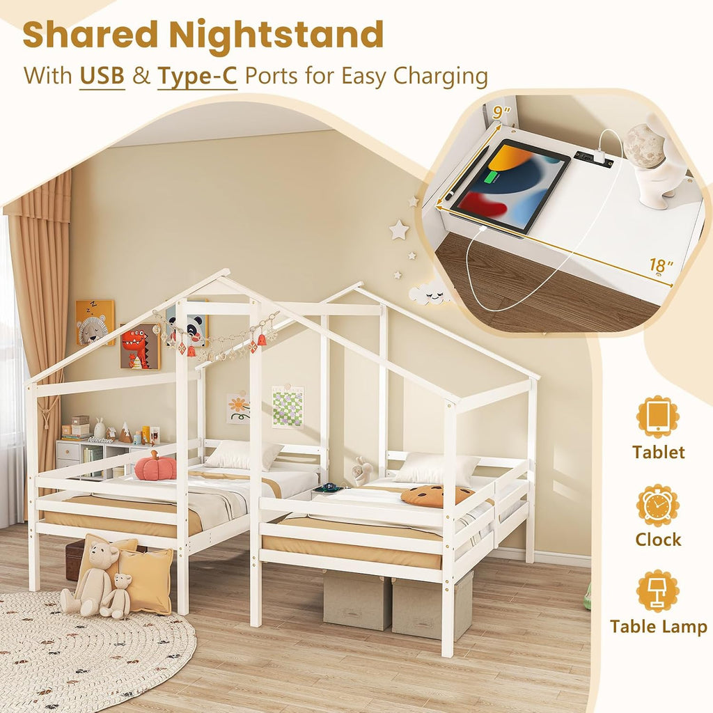 Giantex Double Twin Bed Frames for Kids, Wood House Shaped Platform with Built-in Nightstand & USB Port, 2 Shared Beds for Teens, Boys & Girls, White