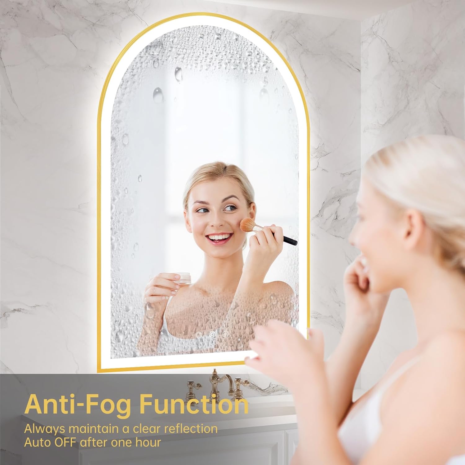 24'x36' Arched LED Mirror for Bathroom, Brushed Gold Lighted Bathroom Mirror with Lights, Fogless, Dimmable, Shatterproof, Touch Sensor, 3 Color Changing