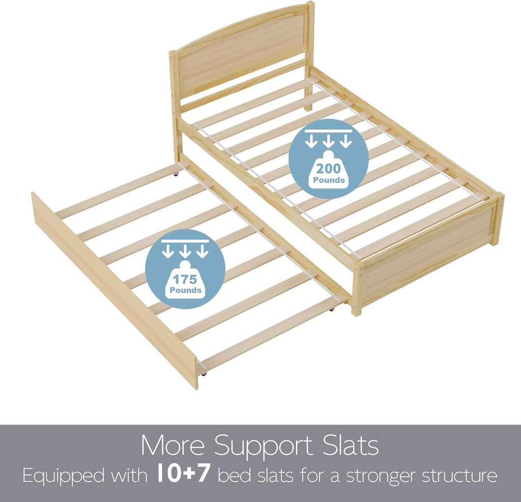 Xilingol Trundle Bed Twin, Solid Wood Beds Frames with Headboard and Wooden Slats Support, Twin Trundle Beds Frame Roll Out, Single Box Bed (No Box Spring Needed), Natural