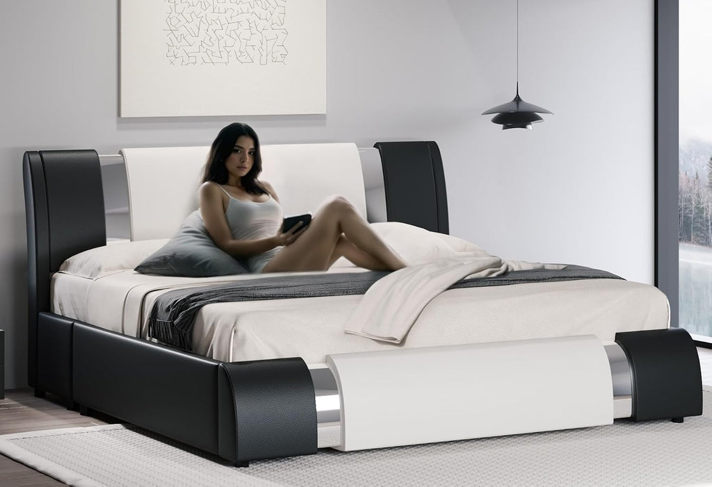HOOMIC Modern King Faux Leather Bed Frame with Iron Pieces Decor, Low Profile Platform Bed with Height-Adjustable Headboard, Solid Wood Slat Support, No Box Spring Needed, Black & White