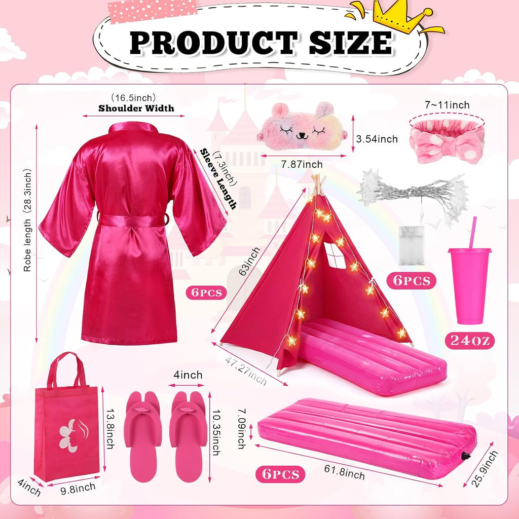 6 Set Sleepovers Teepee Tents Spa Slumber Party Robes Supplies Bulk with Inflatable Airbed and Light String, Birthday Favors Gift Indoor Outdoor (Complete,6 Rose Red)