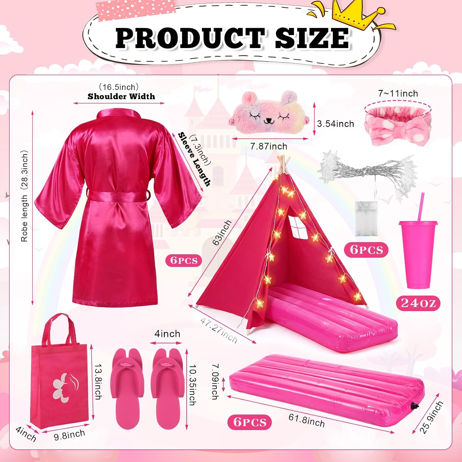 6 Set Sleepovers Teepee Tents Spa Slumber Party Robes Supplies Bulk with Inflatable Airbed and Light String, Birthday Favors Gift Indoor Outdoor (Complete,6 Rose Red)