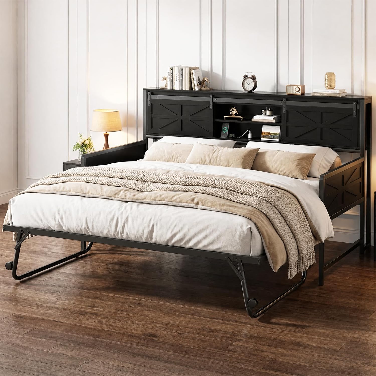 Homieasy Farmhouse Twin Daybed with Pop-Up Trundle, Metal Trundle Bed Frame with Bookcase Headboard, Charging Station & Barn Door Storage for Bedroom & Guest Room, Black