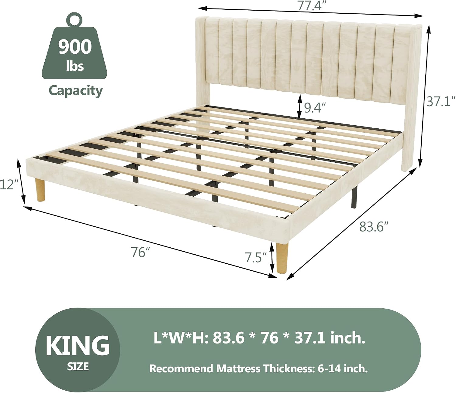 alazyhome Platform Bed Frame King Size with Upholstered Headboard, Solid Wood Slats Support, No Box Spring Needed, Noise Free, Easy Assembly, Modern Velvet Bed, Beige
