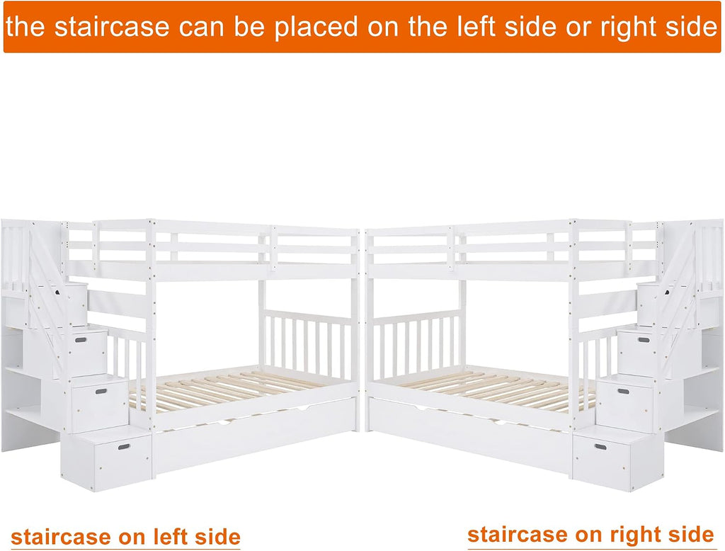 Harper & Bright Designs Stairway Twin Over Full Bunk Bed with Twin Size Trundle and Drawers, Solid Wood Bunk Bed Staircase Can be Placed on The Left or Right Side (White)