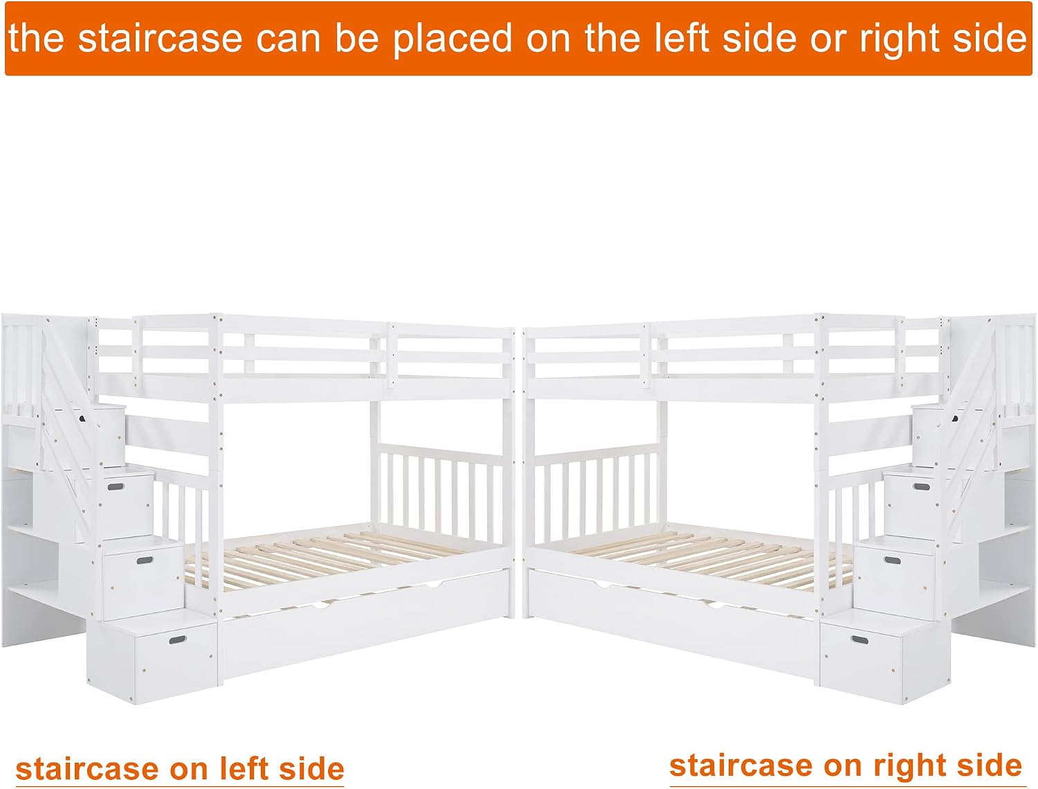 Harper & Bright Designs Stairway Twin Over Full Bunk Bed with Twin Size Trundle and Drawers, Solid Wood Bunk Bed Staircase Can be Placed on The Left or Right Side (White)
