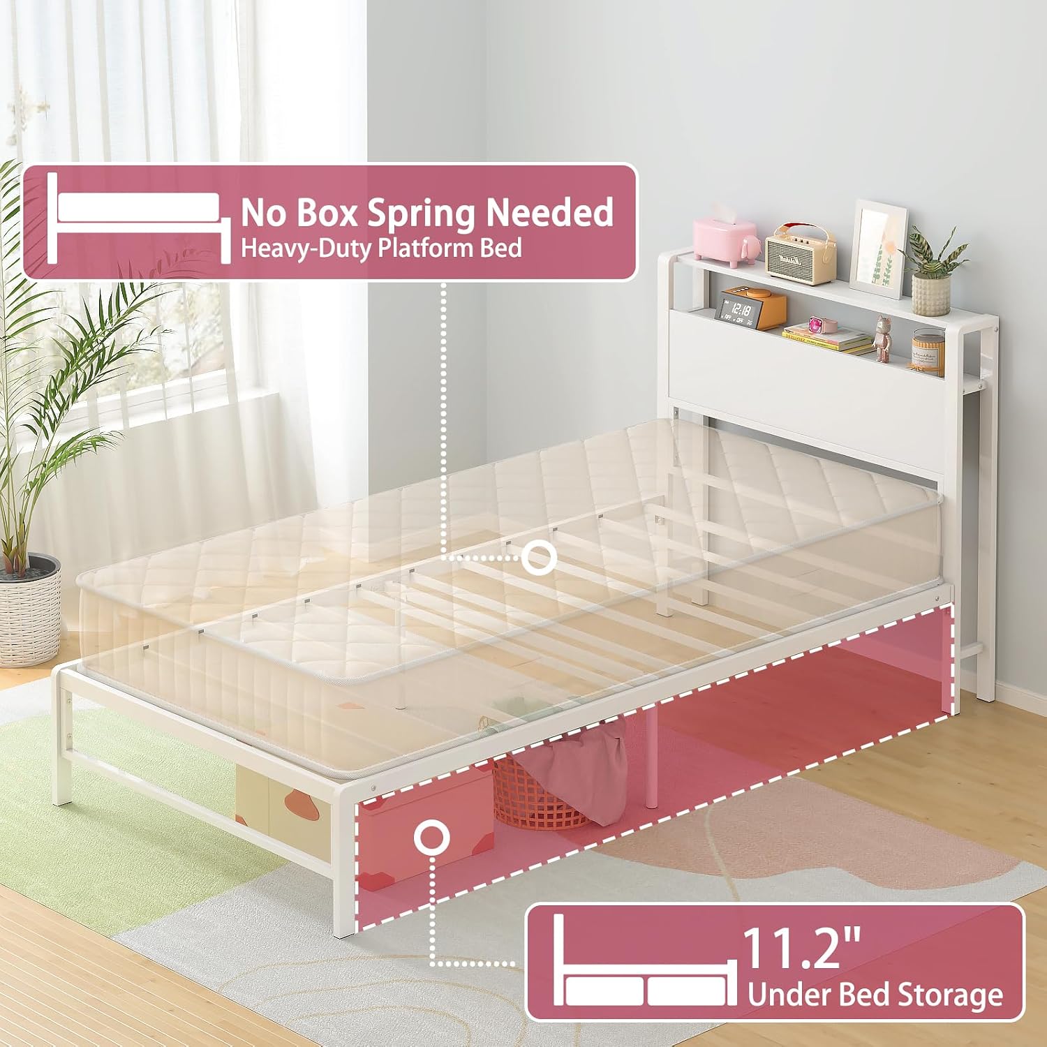 Weehom Twin Bed Frames for Kids, Twin Size Bed with 2 Tiers Wood Shelves Headboard No Box Spring Needed Easy Assembly Heavy Duty Metal Plaform, White