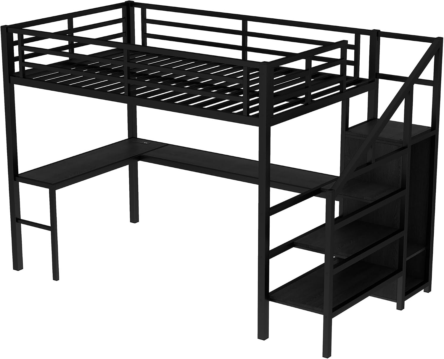 Full Size Metal Loft Bed with Desk and Wardrobe,Heavy Duty Loft Bed Frame with Storage Stairs,LED Lights and Charging Station for Kids,Teens,Adults,Space Saving,Full Size,Black