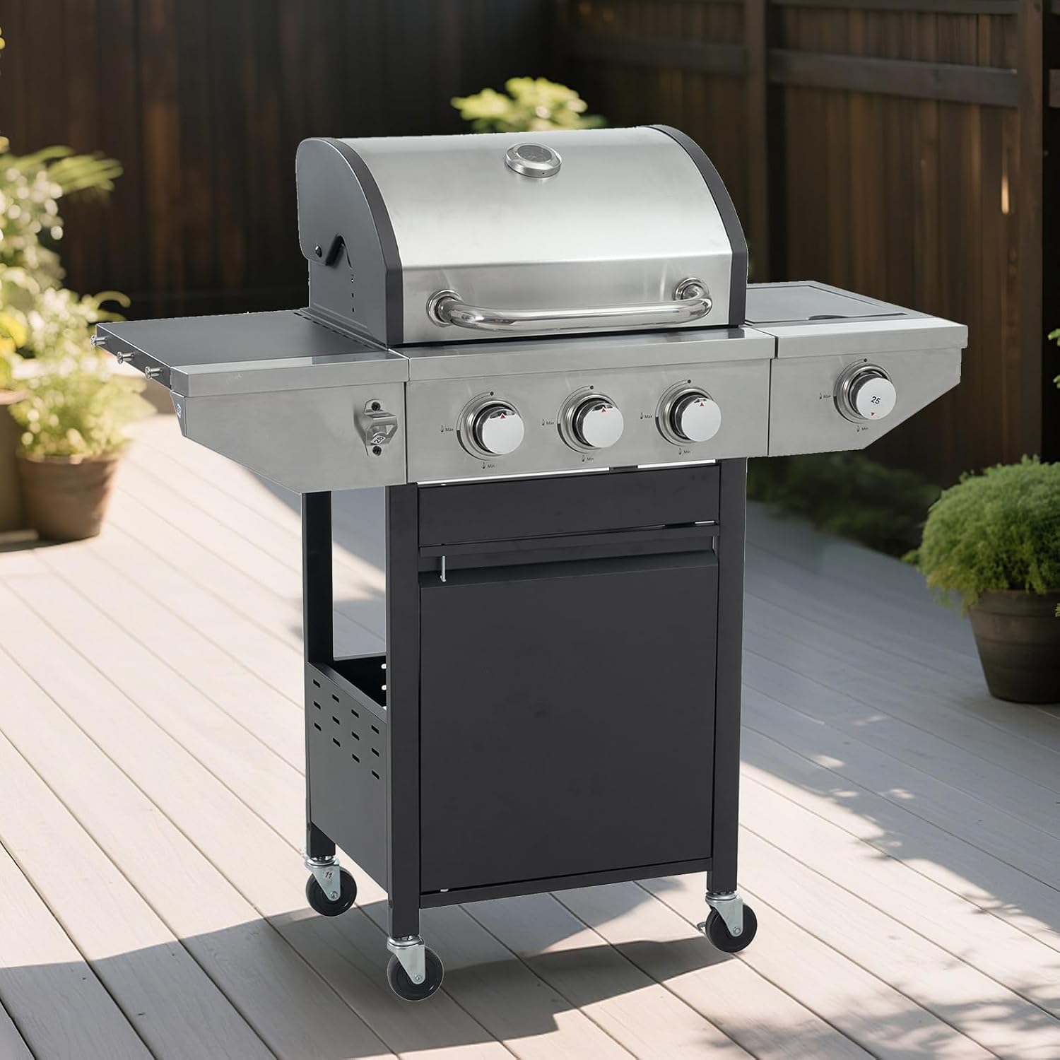 Endark 3-burner Propane Gas Grill | 37,000 BTU Stainless Steel with Side-iFre Function | with Enameled Cast Iron Grate,Thermometer and Side Stand Wheels | Great for Patio and Garden Outdoor Cooking