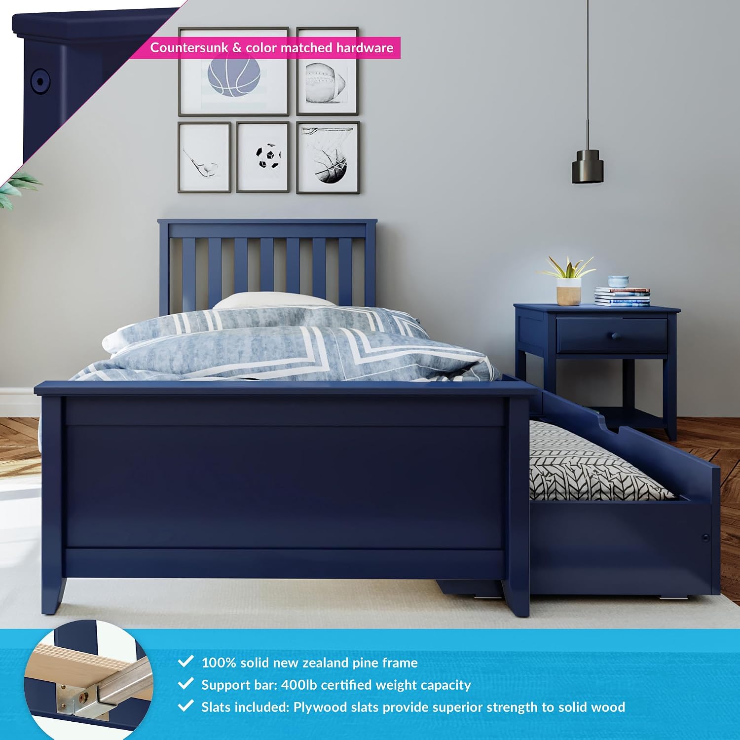Max & Lily Classic Twin Bed, Slatted Headboard, with Storage Drawers, Blue
