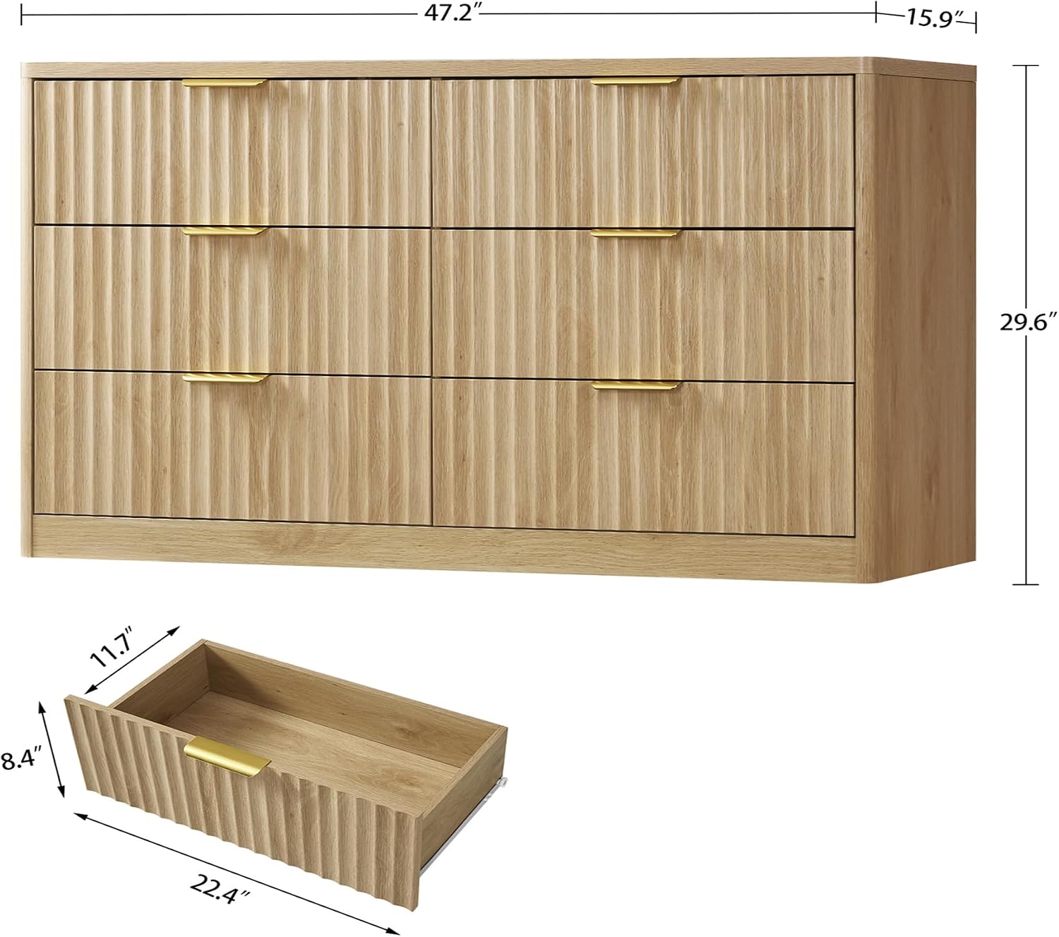 TEENFON Fluted 6 Drawer Dresser for Bedroom, Wide Modern Chest of Drawers with Metal Handle, Curved Profile Design, Wood Closet Clothes Storage Organizer for Bedroom, Hallway, Natural