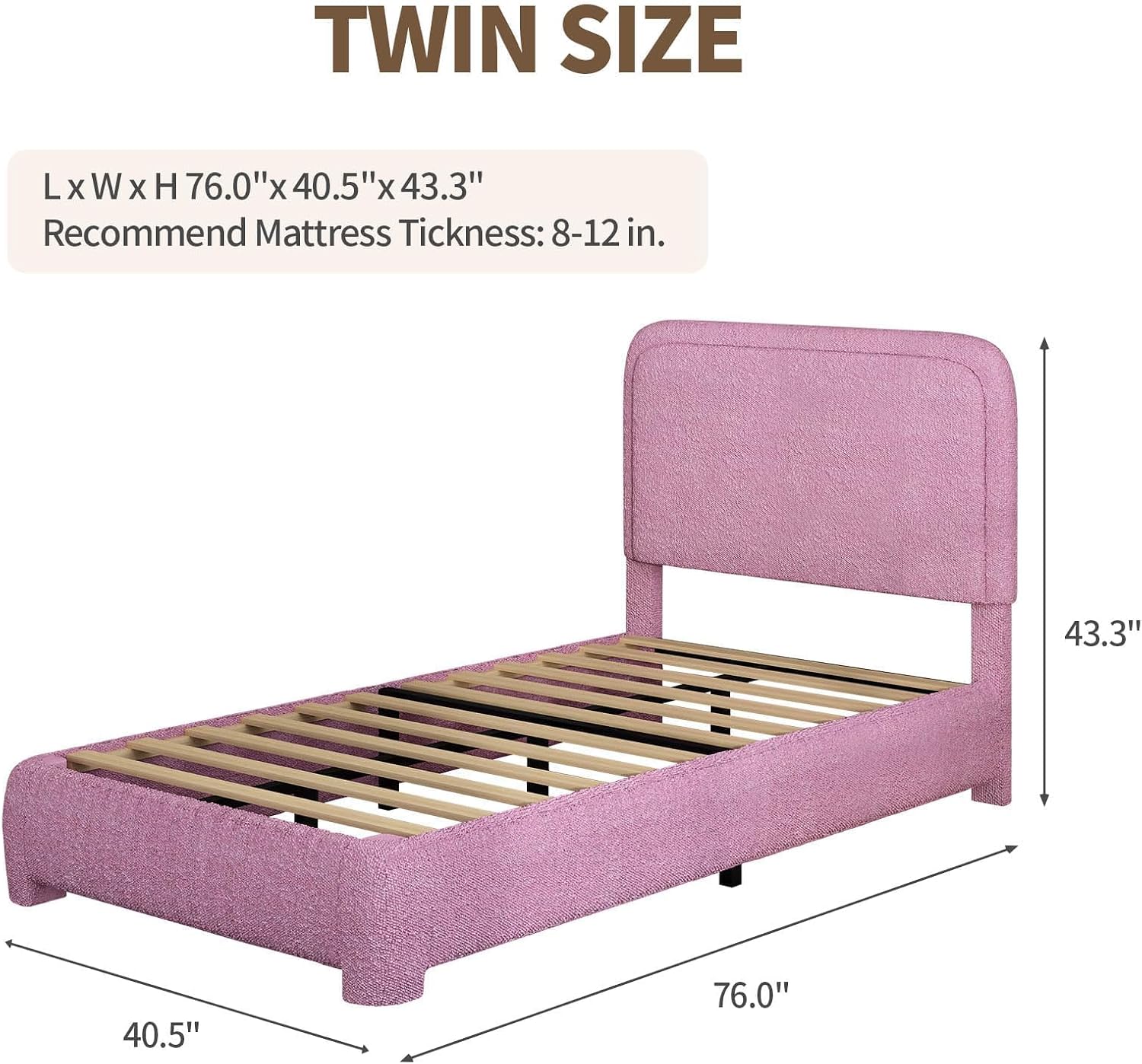 BarnFurin Twin Bed Frame with Headboard, Boucle Upholstered Platform Bed Frame, Soft Rounded Corners, No Box Spring Required, Easy Assembly, Rose Pink