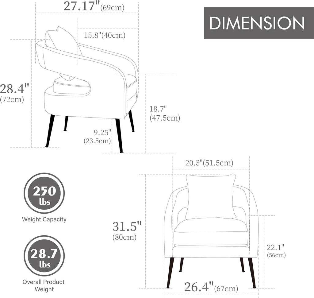3-Piece Modern Minimalist Style Sofa Set with Metal Legs,Open Back Sofa Conversation Set,Loveseat Couch & 2 Accent Chair for Living Room,Bedroom,Office,Reception,Charcoal