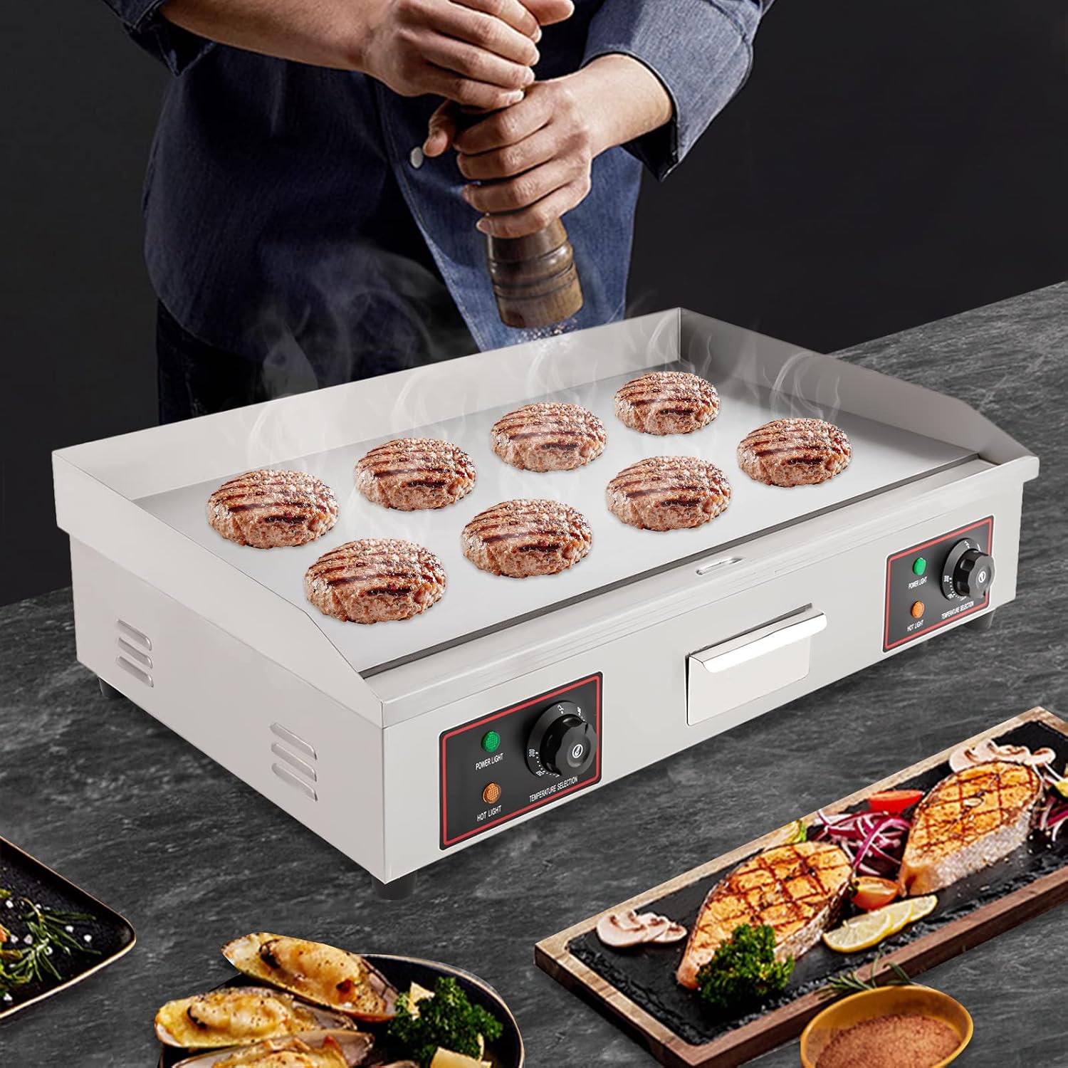 Electric Flat Top Griddle Commercial Electric Countertop Griddle Food Grade Stainless Steel Electric Flat Top Grill W/Adjustable Temperature Control 122-572℉For Kitchen
