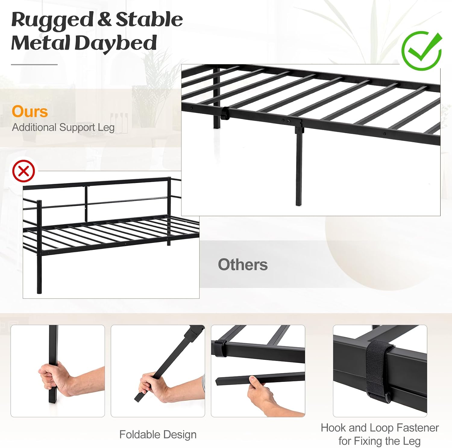 KOMFOTT Twin Metal Daybed with Trundle, Metal Sofa Bed & Pull-Out Trundle Set with Lockable Casters, Daybed for Living Room, No Box Spring Needed