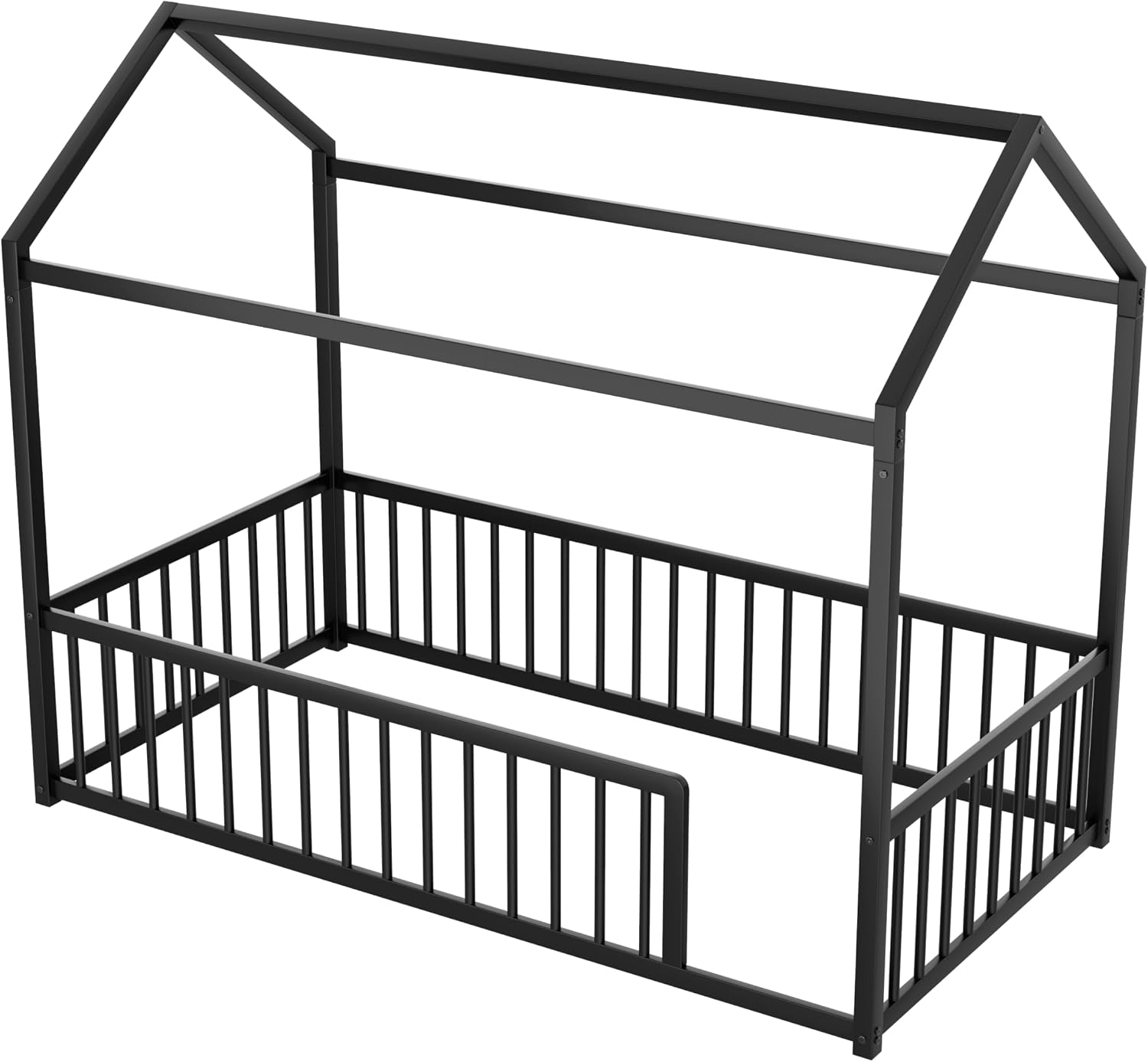 House Shape Twin Size Montessori House Bed Metal Floor Bed Twin Bedframe No Box Spring Needed, Black