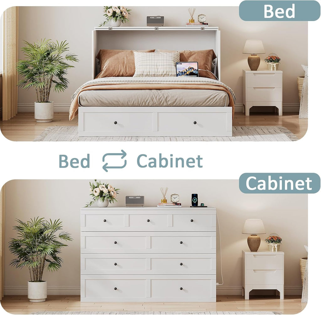 LIVAUVEAD Full Size Murphy Bed with Charging Station & Drawer, Full Size Mobile Cabinet Bed Frame, Murphy Chest Bed for Bedroom, Guest Room