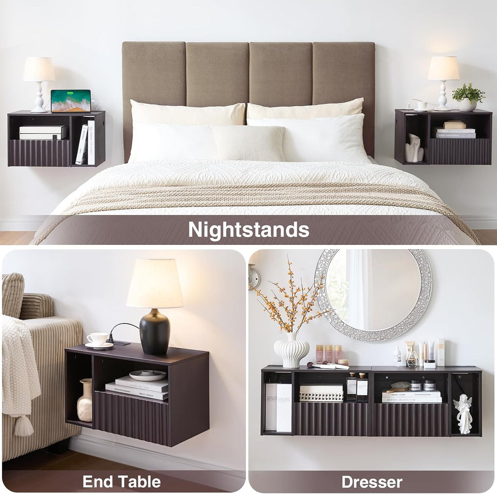 BuildHom Modern Espresso Fluted Floating Nightstand with Charging Station, NightStand with Drawers, Bedside with USB Ports and Outlets, Bedroom Furniture (Set of 2)