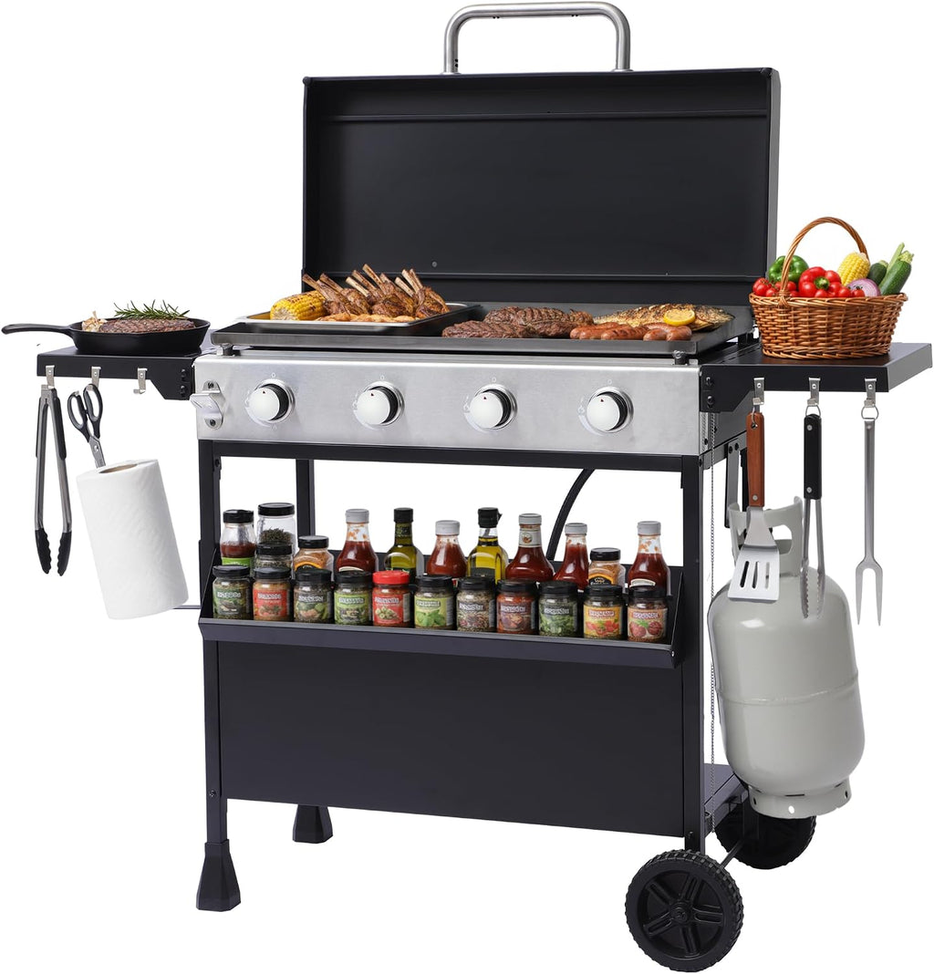 4-Burner Propane Gas Griddle with Removable Stand, 40,000 BTU Flat Top Grill with 455 sq.in Cooking Area, Portable Outdoor BBQ Grill w/Foldable Side Tables, Wheels for Patio, Backyard, Camping