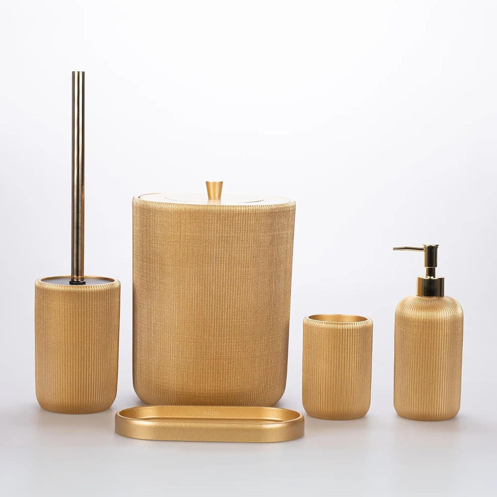 Lydia Collection 5-Piece Resin Bathroom Accessories Set – Toilet Brush Holder, Waste Bin, Soap Dispenser, Tray & Toothbrush Holder (Gold)