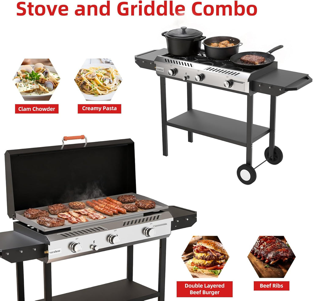 Veralune Outdoor Flat Top Gas Grill with Lid, Outdoor Griddle with Enameled Tray, Propane Gas Griddle, for Breakfast, BBQ & Grilling Steel Cooking Surface, Folding Side Shelves, Push-Button Ignition