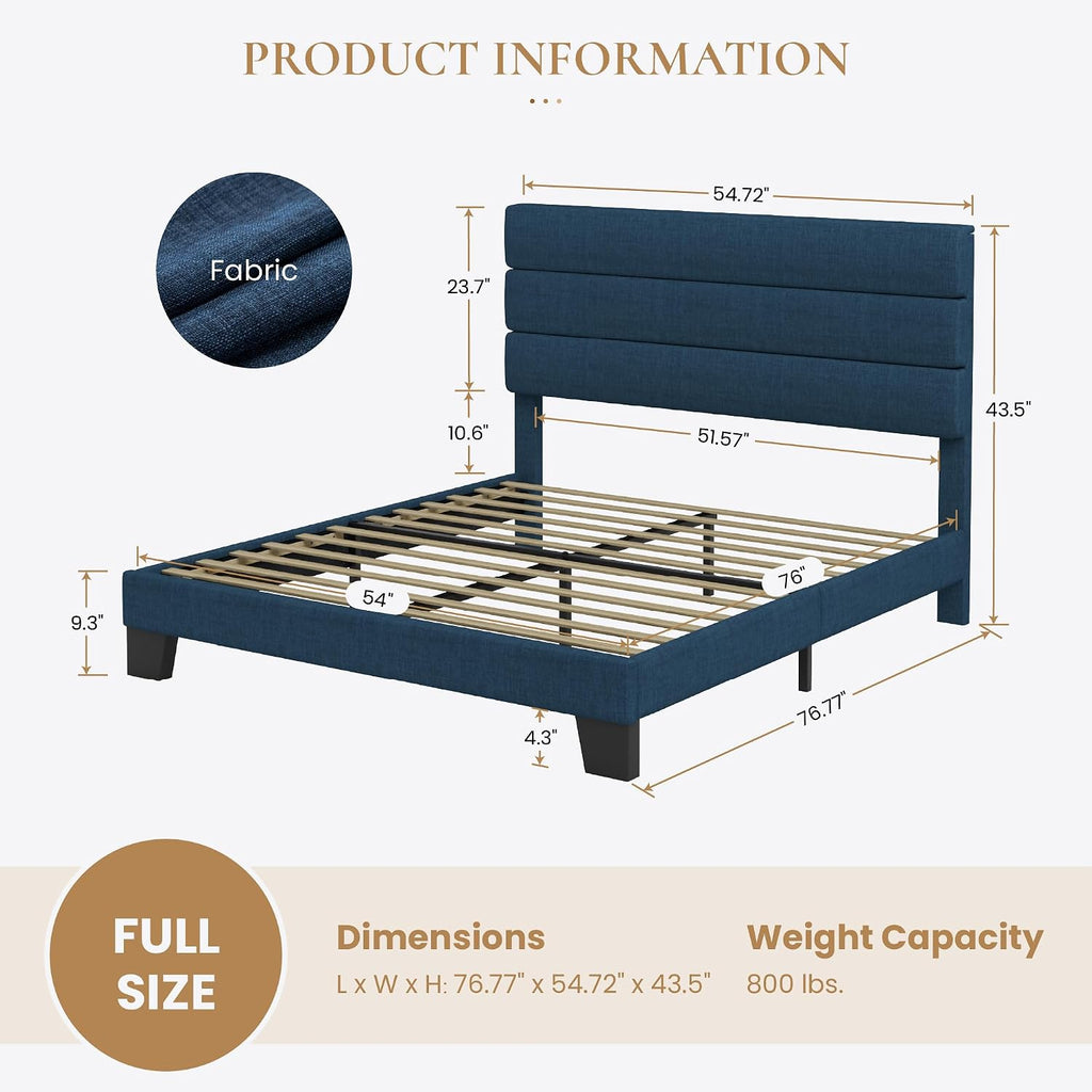SHA CERLIN Full Platform Bed Frame with Upholstered Fabric Headboard, Mattress Foundation with Strong Wooden Slats Support, No Box Spring Needed, Blue