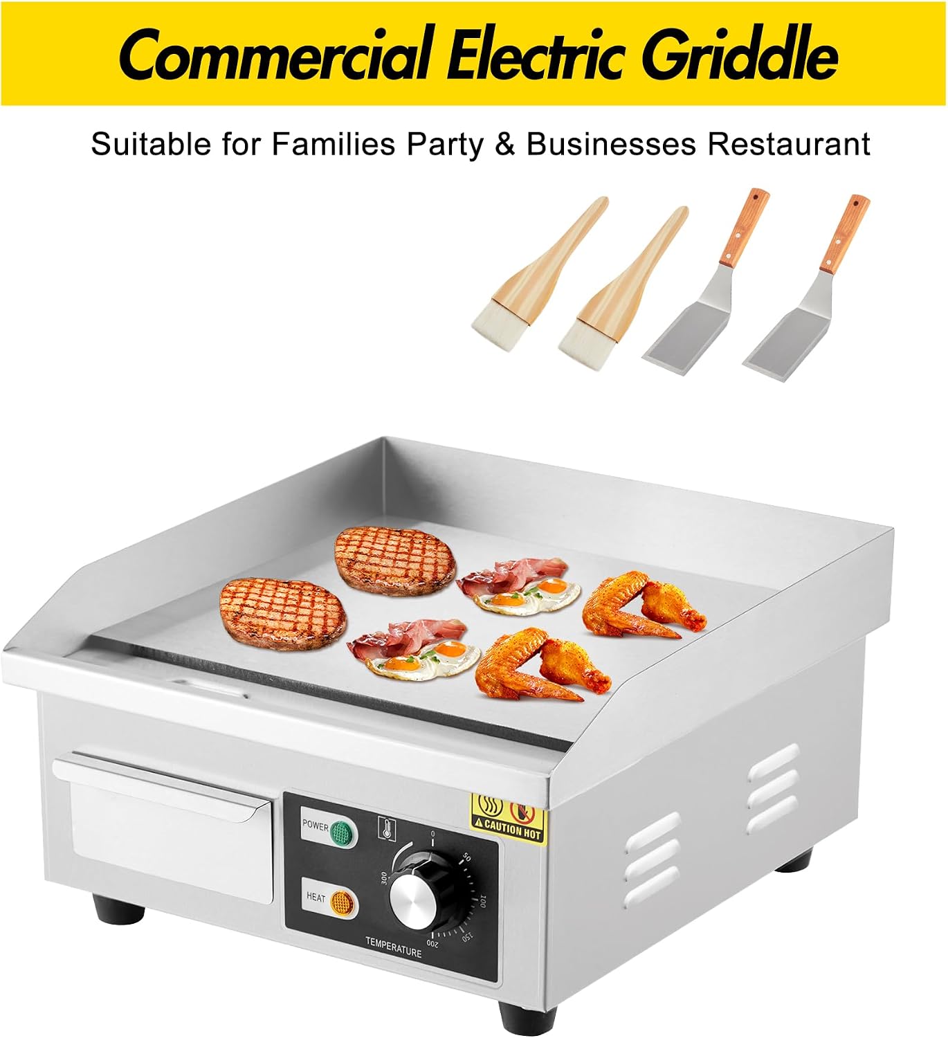 18 Inch Commercial Electric Griddle, 1600W Stainless Steel Flat Top Grill with 122-572°F Adjustable Temp, 2 Shovels, 2 Brushes, Indoor Countertop BBQ Teppanyaki Grill for Home Restaurants