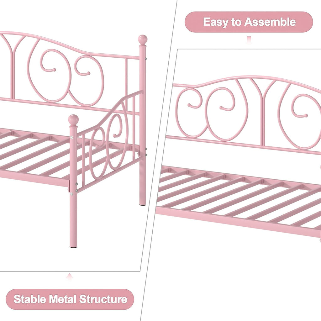 VECELO Metal Daybed Frame Multifunctional Platform Bed Sofa Mattress Foundation with Classic Headboard, Twin, Pink