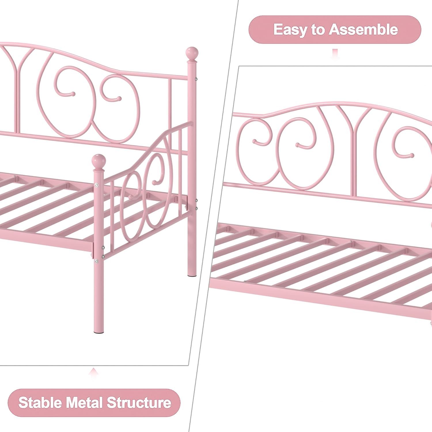 VECELO Metal Daybed Frame Multifunctional Platform Bed Sofa Mattress Foundation with Classic Headboard, Twin, Pink