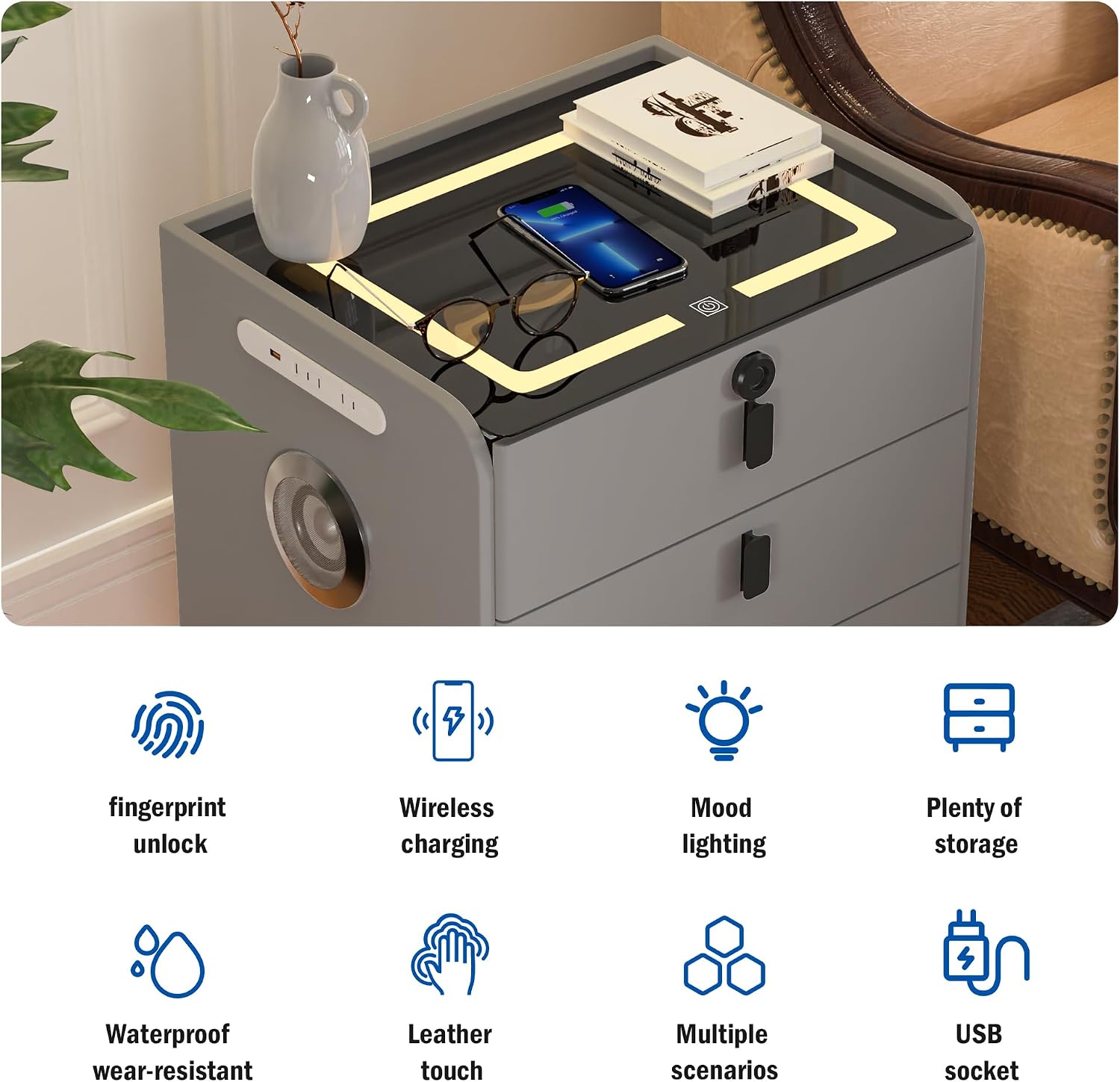 LED Nightstand with Fingerprint Lock, Modern Night Stand with Quiet Gun Drawers and Type C USB Ports, Wireless Charging Station, Storage End Table, Large Bedside Table for Dorm Bedroom, Grey