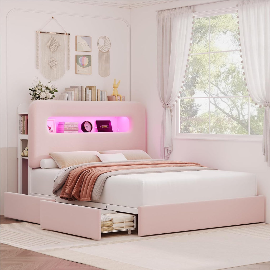 HOSTACK Full LED Bed Frame with Storage Headboard and Charging Station, Girls Bed Frame with 2 Drawers and USB Ports, Velvet Upholstered Platform Bed Frame with Bookcase, No Box Spring Needed, Pink