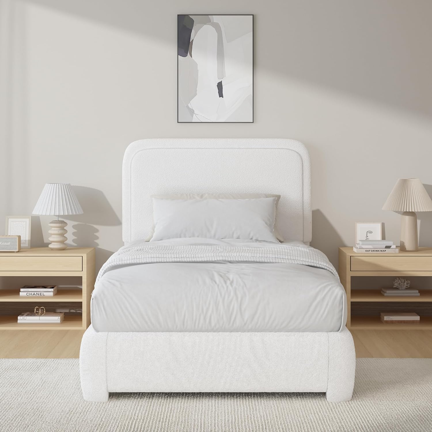 BarnFurin Twin Bed Frames with Headboard,Cloud Boucle Upholstered Platform Bed, Soft Rounded Corners, No Box Spring Needed, Non-Slip and Noise-Free, Easy Assembly, White