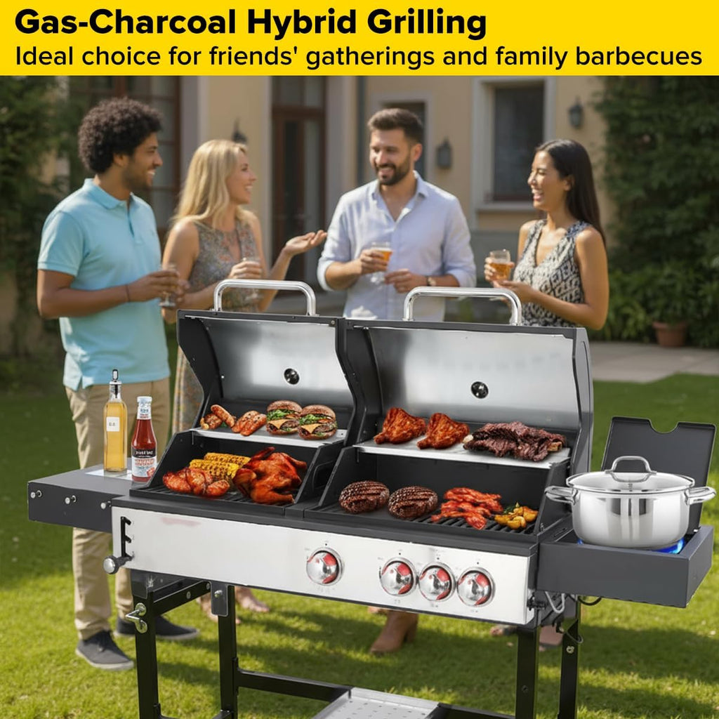 CIG GARDEN 3-Burner Dual Fuel Gas and Charcoal Combo Grill with Side Burner, 41,500 BTU Outdoor Barbecue, Cast Iron Grates - Perfect for Patio, Balcony, Backyard & Camping