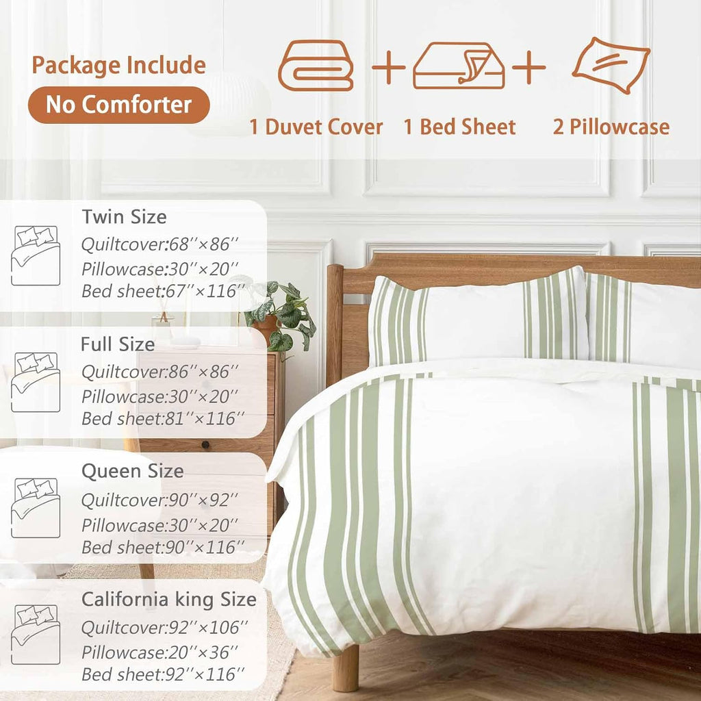 Sage Green and White Striped Duvet Cover Set Queen Size 4 Pieces Modern Minimalist Vertical Lines Bedding Set with Zipper Closure, 1 Comforter Cover 92x106 Inches 1 Flat Sheet & 2 Pillow Cases