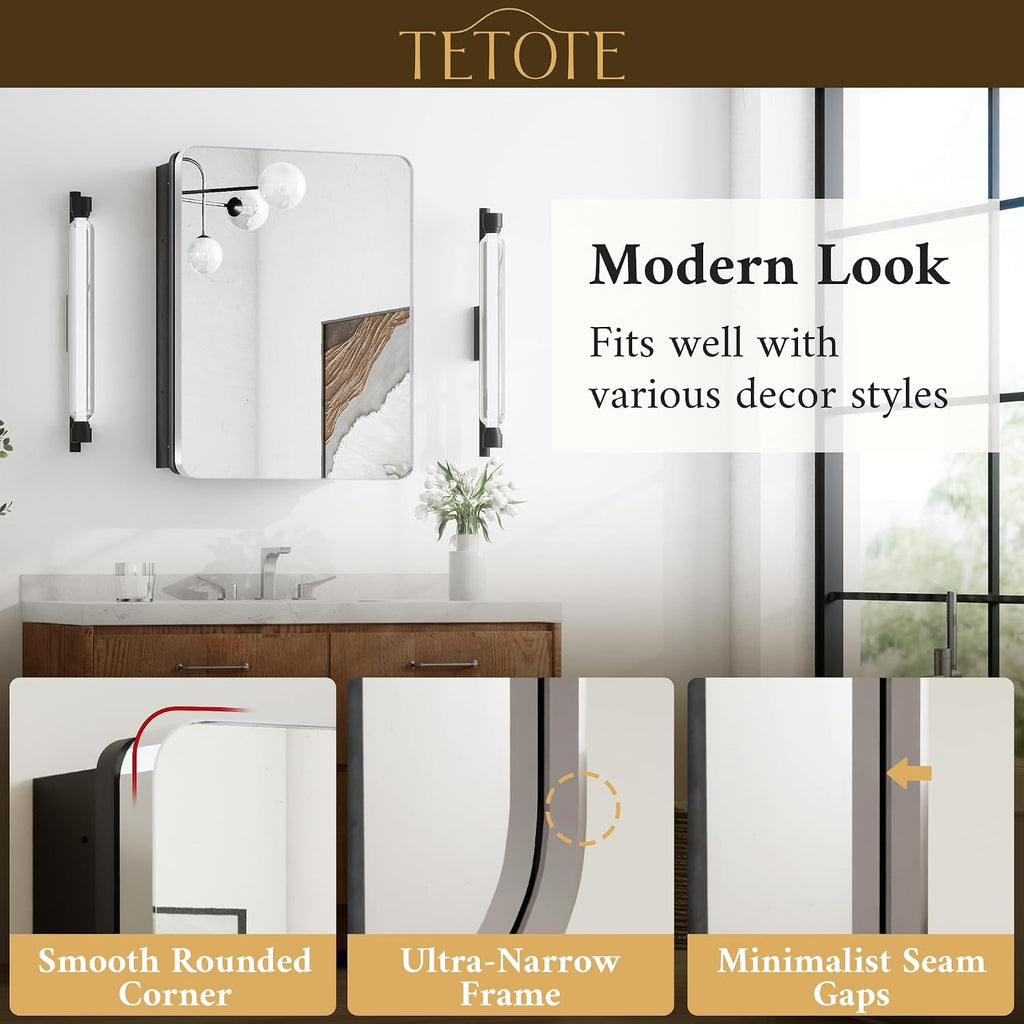TETOTE 24 X 32 Medicine Cabinet Mirror Polished Chrome Stainless Steel Framed Bathroom Mirror Cabinet with Adjustable Shelves Recessed Mounted/Surface Mounted Medicine Cabinet with Mirror