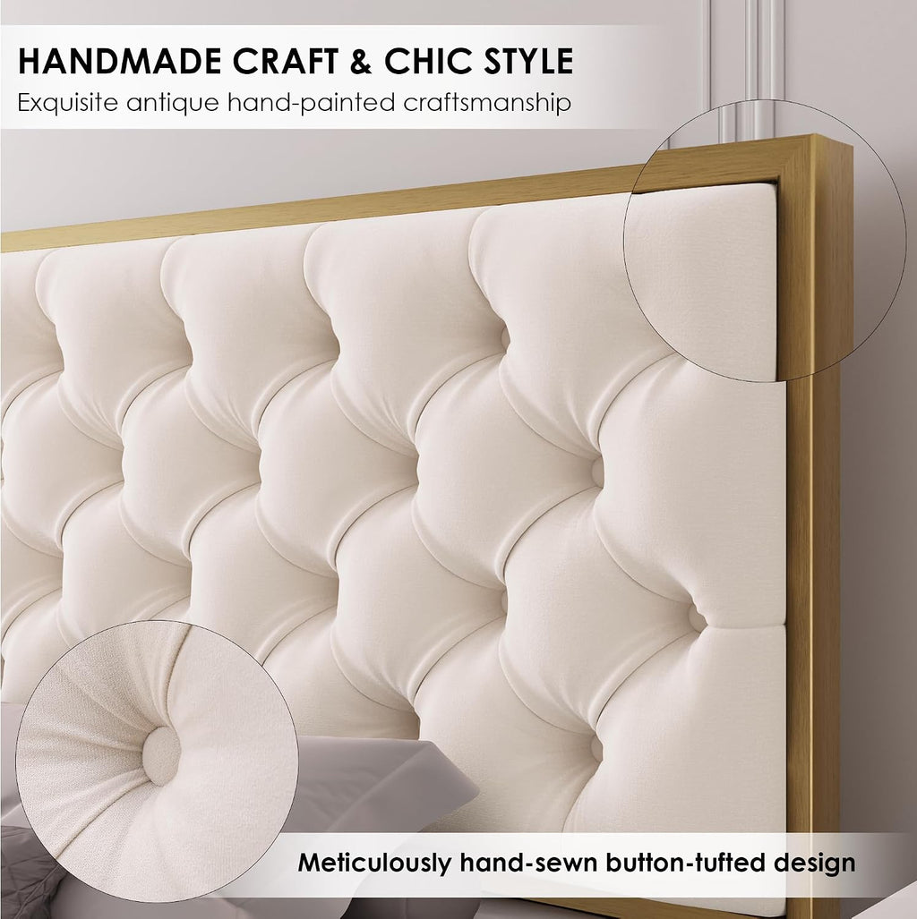 HIFIT King Upholstered Bed Frame with 4 Storage Drawers and Handmade Button Tufted Headboard, Modern Velvet King Size Platform Storage Bed with Solid Wooden Slat, No Box Spring Needed, Golden & Beige