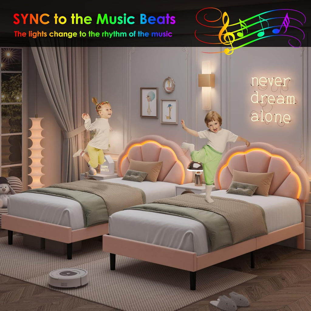 HIFIT Twin Upholstered Smart LED Bed Frame with Adjustable Chic Petal Headboard, Princess Twin Size Platform Bed Frames for Kids/Girls, Wooden Slat Support, No Box Spring Needed, Easy Assembly, Pink