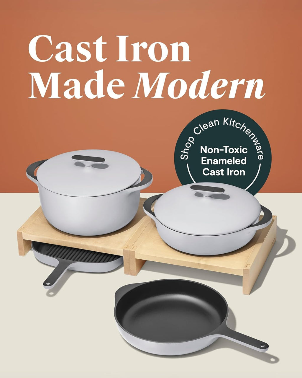 Caraway 8-Piece Enameled Cast Iron Set - 10.5' Skillet, Grill Pan, 3.5 qt Braiser Pan, 6.5 qt Dutch Oven with Lid and Organizers - Non-Toxic 3-Layer Enamel Coating - No Seasoning Required - Gray