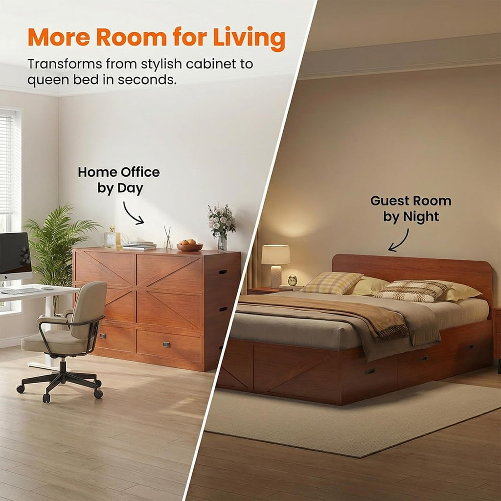 CECER Murphy Bed Queen with Mattress Include，Murphy Bed Queen with Storage Drawers，Multi-Functional Desgin that Converts to Sofa Set for Small Spaces/Guest Room/Bedroom（Maroon）