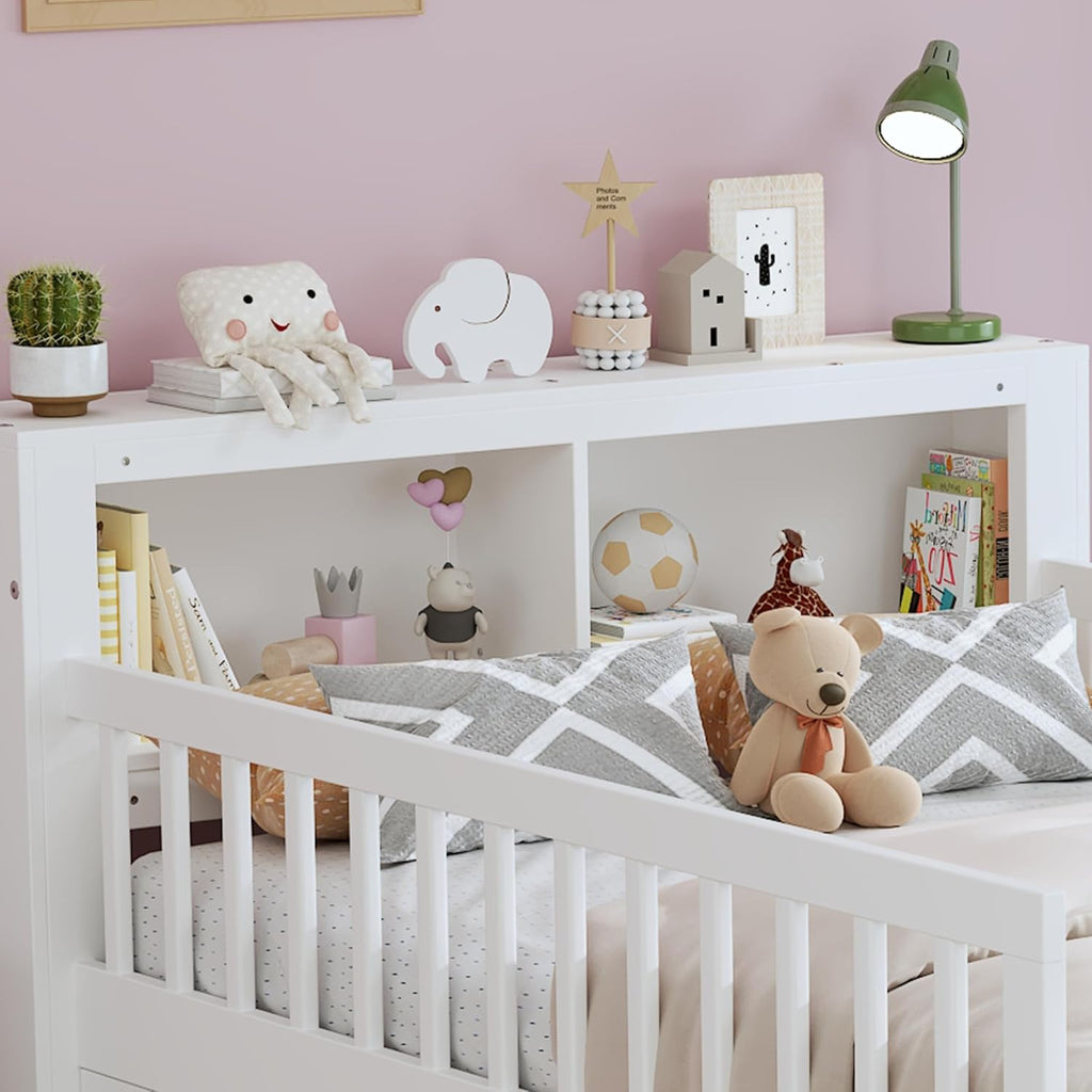 VilroCaz Wood Twin Size Platform Bed with Safety Fence for Kids Boys Girls, Platform Bed Frame with Practical Headboard and 2 Under-Bed Drawers, Sturdy Slats Support (White-3.15)