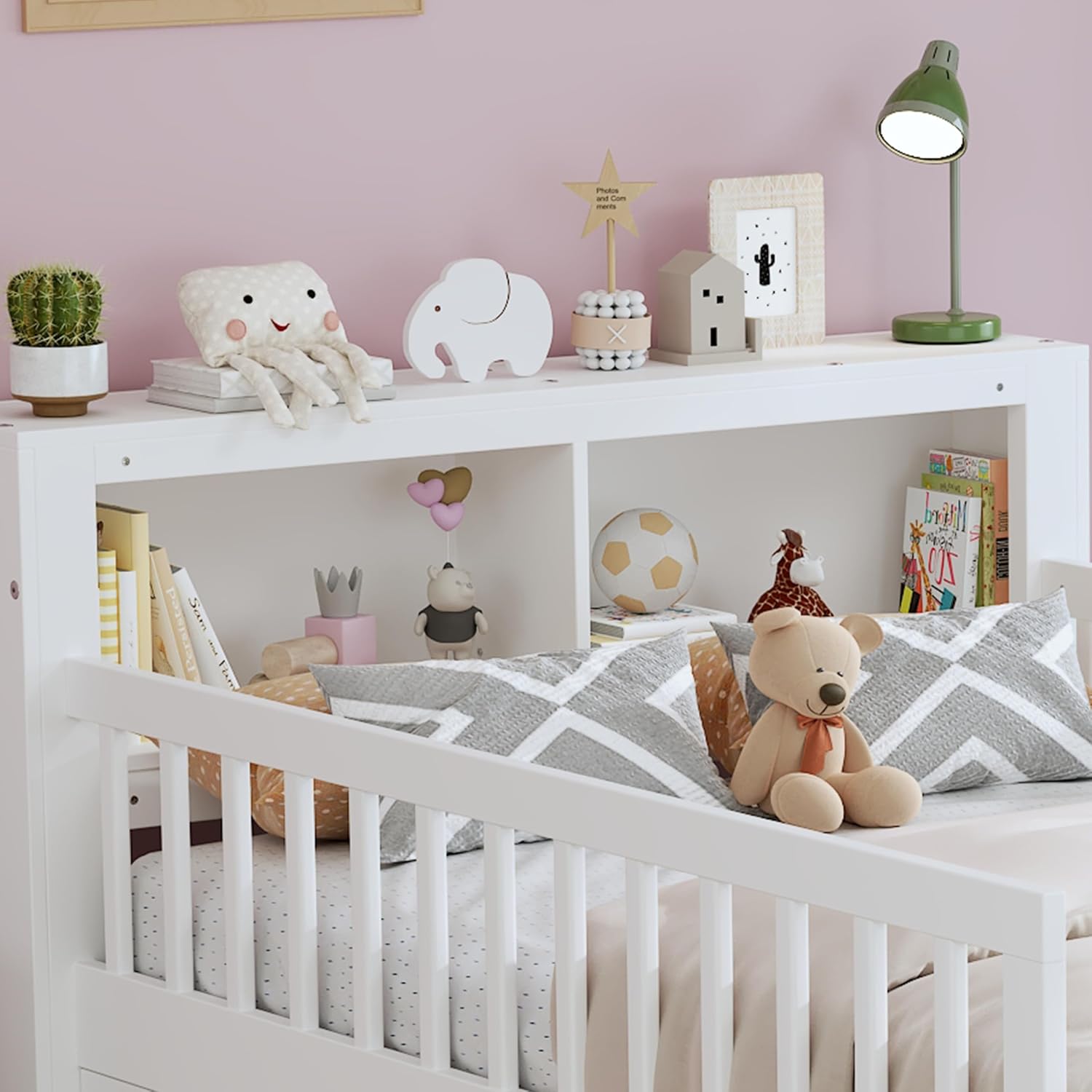 VilroCaz Wood Twin Size Platform Bed with Safety Fence for Kids Boys Girls, Platform Bed Frame with Practical Headboard and 2 Under-Bed Drawers, Sturdy Slats Support (White-3.15)